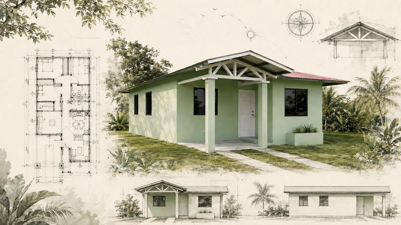 Lámina arquitectónica del Modelo Amaranta con su fachada verde, planta original y elevaciones técnicas